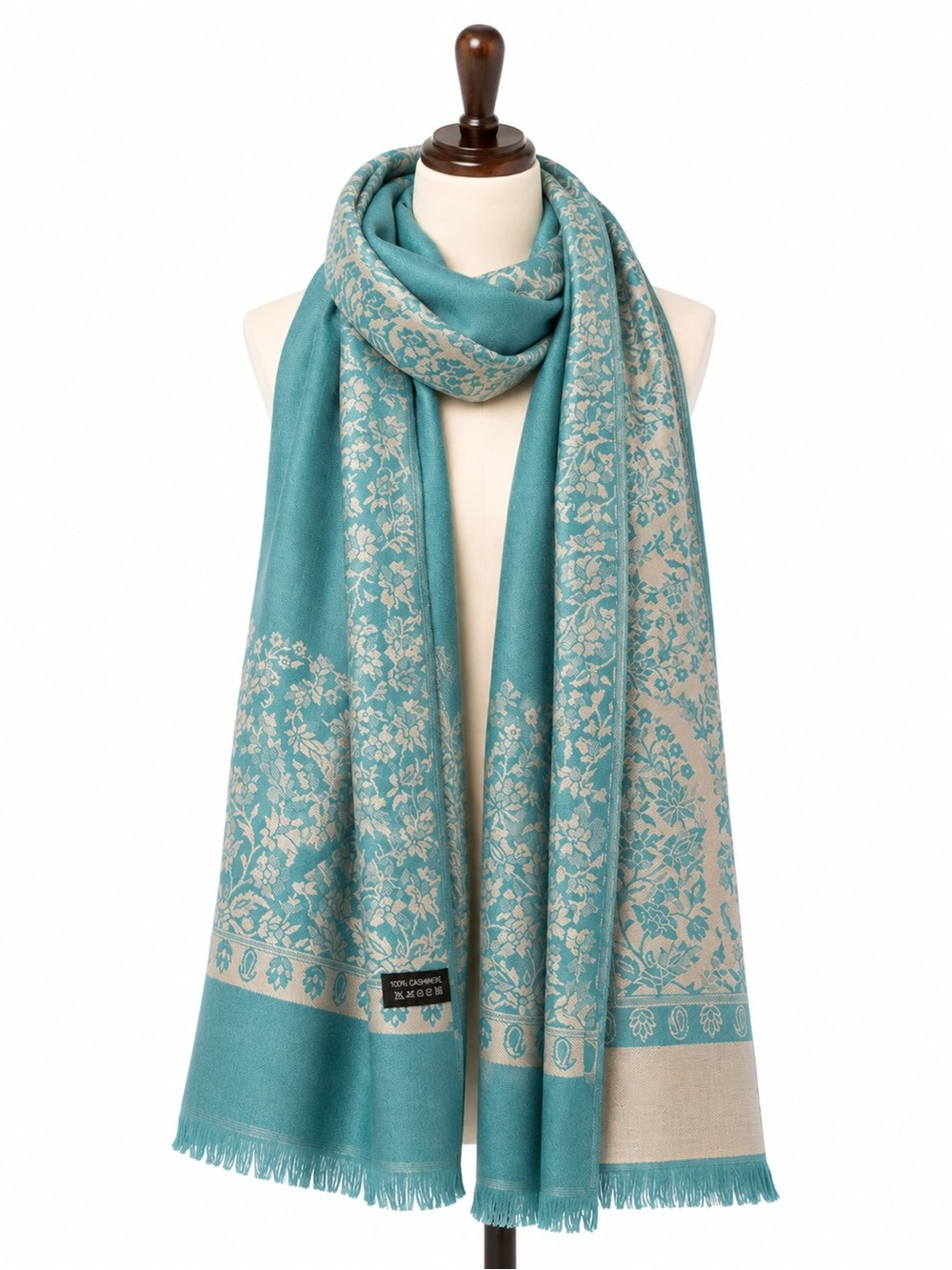 100% Cashmere Shawl/Scarf Teal Floral jacquard pattern- New